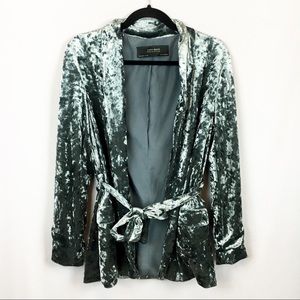 Zara Blue Velvet Tie Waist Blazer Jacket